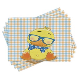 Ambesonne Cartoon Place Mats Set of 4, Hipster Boho Duck Dotted Bow Cool Free Smart Geese Design, Washable Fabric Placemats for Dining Table, Standard Size, Orange Yellow