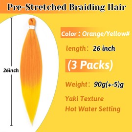 Braiding Hair Extensions 26 Inch Pre stretched Braiding Hair Hot Water Setting Synthetic Hair Orange/Yellow#