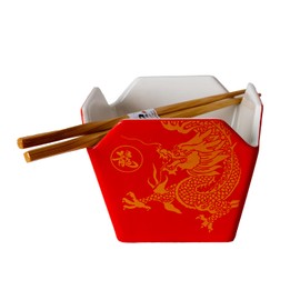 Urban Tokyo Chinese Takeout Box Style Porcelain Bowl with Chopsticks Oriental Golden Dragon Design on Red 18 fl oz Square Shape Bowl, Medium, Red/Gold, BCH54-175