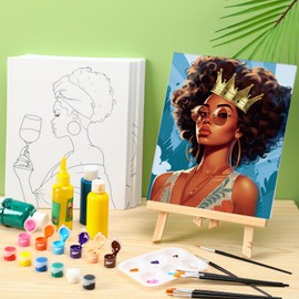 Dinifee 6 Pack Canvas Painting Kit Christmas Pre Drawn Canvas Afro Queen Cotton Canvas 8 x 10 Inch Stretched Canvas Paint and Sip Set for Adults Party Xmas Night(Couple)