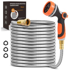 Metal Garden Hose 75ft, Stainless Steel Water Hose 75ft with 10 Function Sprayer Nozzle, Leaf-Proof Kink Free Heavy Duty Lightweight for Outdoor,Yard,Lawn,Patio, Car