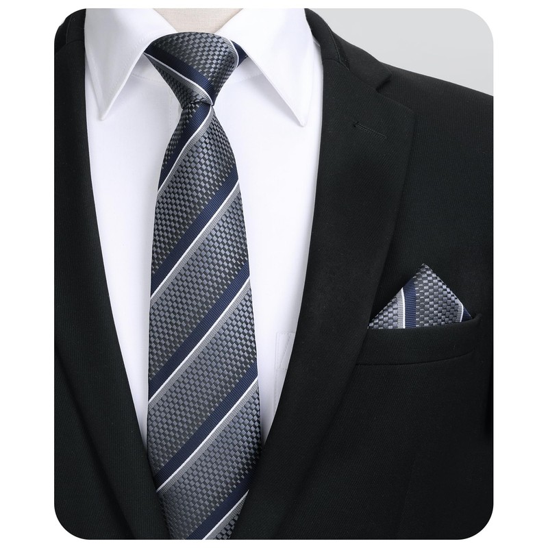 HISDERN Men's Tie Striped Wedding Tie & Pocket Square Set,