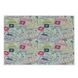 Ambesonne Travel Cutting Board, Passport and Visa Stamps Illustration of Toronto Hong Kong Berlin Print, Decorative Tempered Glass Cutting and Serving Board, Small Size, Eggshell and Pink