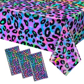 Aysimple 3 Pcs Neon Rainbow Leopard Birthday Tablecloth Disposable Plastic Girl's Sparkly Paint Splatter Cheetah Party Table Cover for Rainbow Leopard Print Pattern Birthday Party Supplies