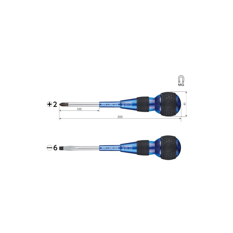 VESSEL Ball Grip Screwdriver Premium Set of 2 (Blue) 220-2PS-PBL