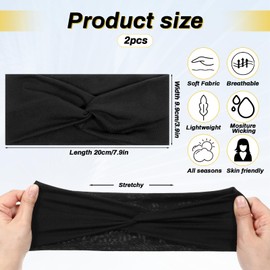 Vin Beauty 2 Pcs Turban Headbands for Women Black Thick Head Band Boho Stretchy Fashion Cute Extra Wide Large Headbands Fabric Knotted Cloth Twisted Headband Head Wraps for Womens Girls Yoga