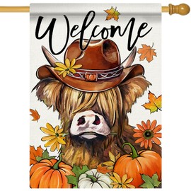 Covido Welcome Fall Highland Cow Decorative House Flag, Autumn Farm Animal Pumpkin Maple Leaves Garden Yard Outside Decorations, Thanksgiving Farmhouse Outdoor Large Home Decor Double Sided 28 x 40
