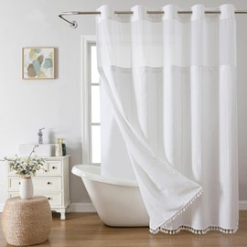 eachope No Hook White Farmhouse Shower Curtain with Snap-in Liner,Boho Linen Striped Heavy Duty Fabric Shower Curtain Set with Tassel,Bohemian Country Ultra Thick Shower Curtain for Bathroom,71x74
