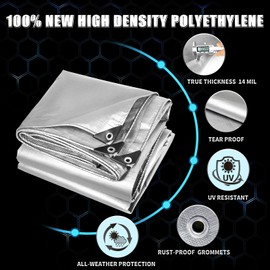 Heavy Duty Tarp 30x30 Feet, 14 Mil Waterproof Poly Tarps Cover UV Resistant, Rip & Tear Proof with Metal Grommets Every 20 Inches Silver Tarp by TA*RP YXCN