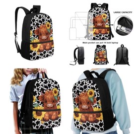 Dreaweet Highland Cow Backpack for Kids 8-12 with Lunchbox and Pencil Case Girls Bookbag Age 10-12 with Lunch Box Set Cute Pink Lunch Bag Book Bag Combo School Bag Set of 3