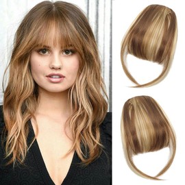 Aodse Clip in Bangs, Real Human Hair Clip in Bangs for Women, Wispy Clip on Air Bangs with Temples Hairpieces, Curved Bangs for Women, Natural Soft Bangs Hair Extensions for Daily Wear,Brown Gold