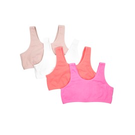 Fruit of the Loom Girls Cotton Built-Up Stretch Sports Bra 4 Pack Miami Pink/Sunset Coral/Rose Shadow/White 28