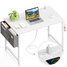 Casaottima 40 inch Computer Desk, Modern Simple Style Desk for Home Office, Study Student Writing Desk with Charging Station Outlets Built in, Pure White