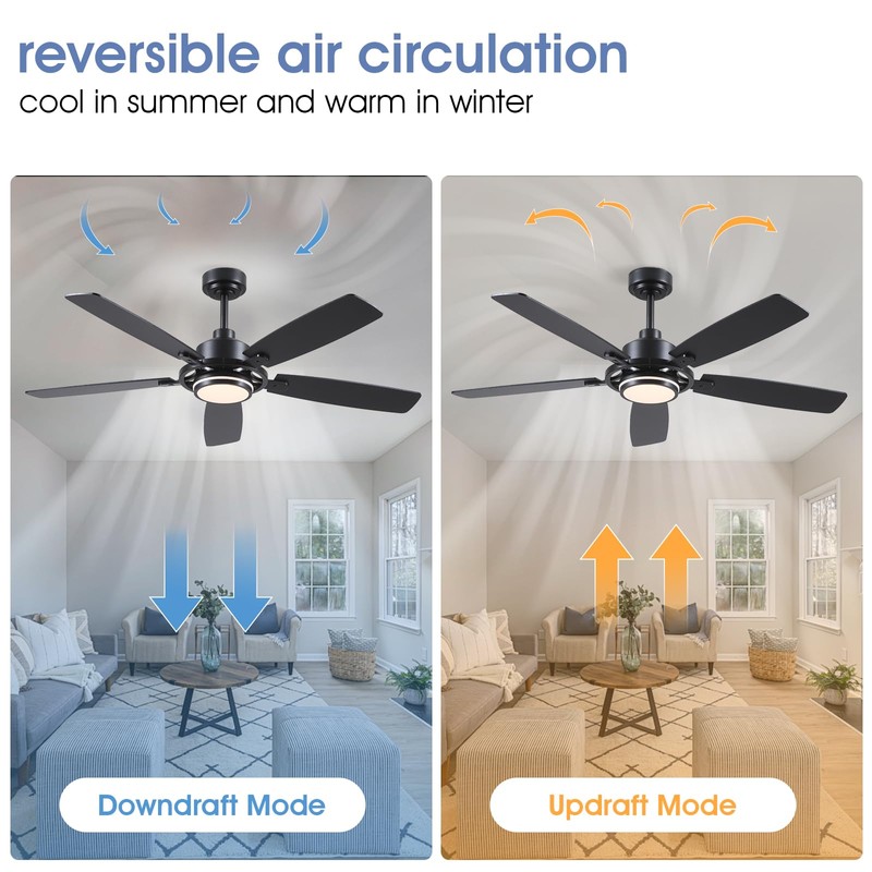 54" Black Ceiling Fans with Lights and Remote,Modern Led Ceiling