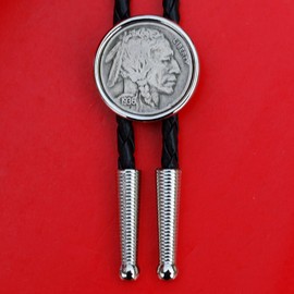 US 1936 Indian Head Buffalo Nickel 5 Cent Coin Silver Plated Slide 36" Leatherette Cord Bolo Tie NEW