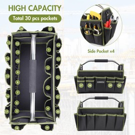 16 In Electrician Tool Bag, Foldable Tool Bags For Men Heavy Duty, Open Top Tool Tote, 30 Pockets Can Hold Many Tools, Tool Bag Organizer Stainless Steel Handle and Removable Shoulder Strap (Green)