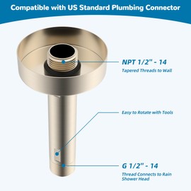 Hibbent All Metal Ceiling Mounted Shower Arm, Shower Head Extension with Flange, Stainless Steel Straight Shower Arm For High Pressure Rain Shower Head, Shower Head Extender Brushed Nickel, 4 Inch