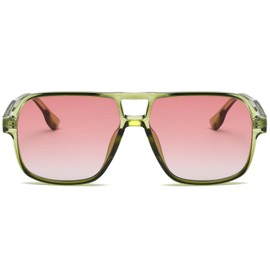 Long Keeper Retro Square Sunglasses for Women Men Trendy Oversized Square Aviation Sun Glasses 70s Vintage Pilot Shades UV400, Green Frame - Gradient Pink Lens