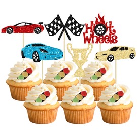 24Pcs Race Car Cupcake Toppers Glitter Traffic Light Steering Wheel Trophy Flag Racing Car Cupcake Pick Decorations for Let's Go Racing Sports Theme Baby Shower Boys Birthday Party