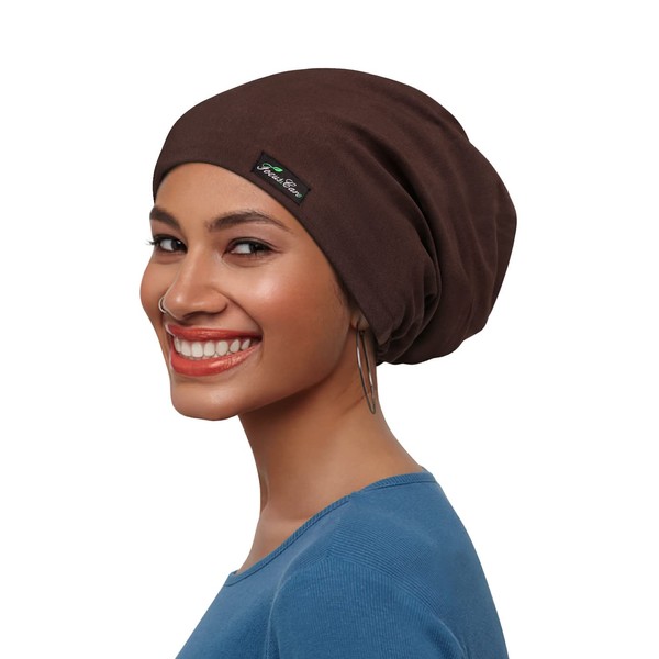 Elastic Band Satin Lined Sleep Slouchy Cap for Curly Girls Soft Satin Cap for Long Hair Brown