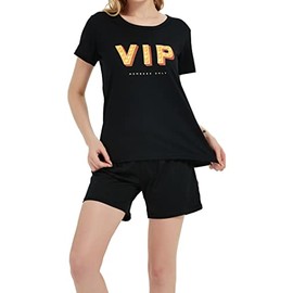 In One Clothing Women's Short Pyjamas 100% Cotton with Motif Print, black