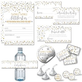 Gold & Silver Twinkle Little Star Gender Neutral Baby Shower Party Bundle Includes 20 Invitations with Envelopes + 4 Different Sizes of Decorative Stickers, Diaper Tickets & Bring a Book Cards