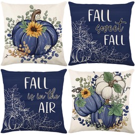 Ni-JASW Fall Throw Pillow Covers 18x18 inch Set of 4, Navy Blue Pumpkin Autumn Decorative Pillow Cases for Couch Sofa