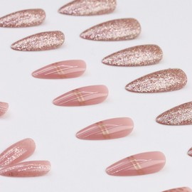 24 PCS Pink Press on Nails with Gold Foil Design, Glossy Glitter False Nails Gel Glue on Nails, Sparkly Manicure Art Acrylic Medium Almond Fake Nails Stick on Nails for Women Girls