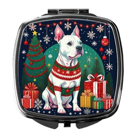Caroline's Treasures White Pit Bull Terrier Christmas Compact Mirror Decorative Travel Makeup Mirror for Women Girls Gifts Pocket Makeup Mirror Folding Handheld