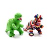 Small Knitted Multi Striped T Rex Dinosaur Baby Rattle. Suitable