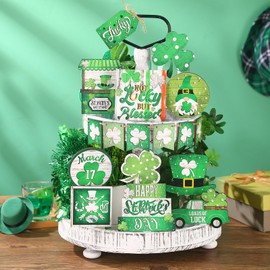Nitial 17 Pcs St. Patrick's Day Tiered Tray Decor Saint Patrick's Day Shamrock Wood Sign Green Gnome Truck Tiered Tray Set for St. Patrick's Day Home Party Table Decor