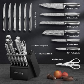 Knife Set, Emojoy 15-Pcs Kitchen Knife Set with Block and Built-in Sharpener, German High Carbon Stainless Steel Knife Block Set, Non-slip Handle, 6 Steak Knives, Sliver