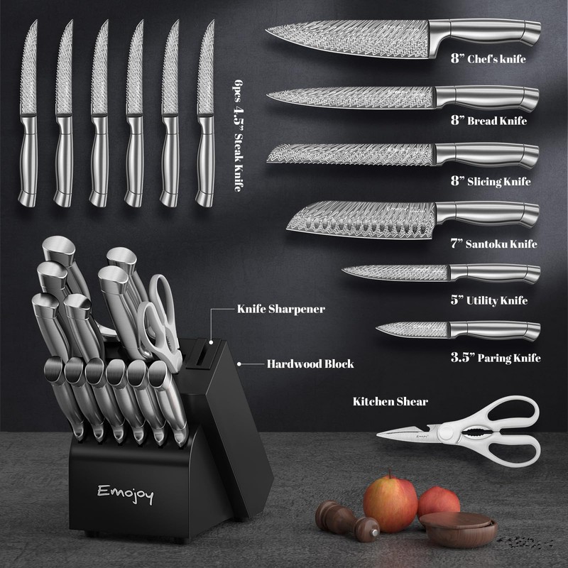 Knife Set, Emojoy 15-Pcs Kitchen Knife Set with Block and