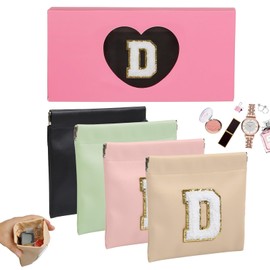 AIBFRID 4 PCS Small Initial Makeup Bag for Purse Mini Portable Cosmetic Bags for Women Coin Purse Lipstick Cosmetic Accessories Organizer Small Travel Kit Storage Pouch, black, pink, light blue, brown