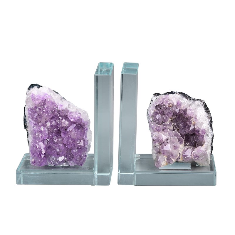 AMOYSTONE Heavy-Duty Amethyst L-Shaped Glass Bookends, 1 Pair (4-6 LBS)