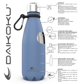Daikoku Stainless Steel Bottle + Adjustable Strap + Carabiner, BPA Free Double Walled Thermos Flask, Reusable Water Bottle, Airtight Cap, Blue, Capacity 500 ml