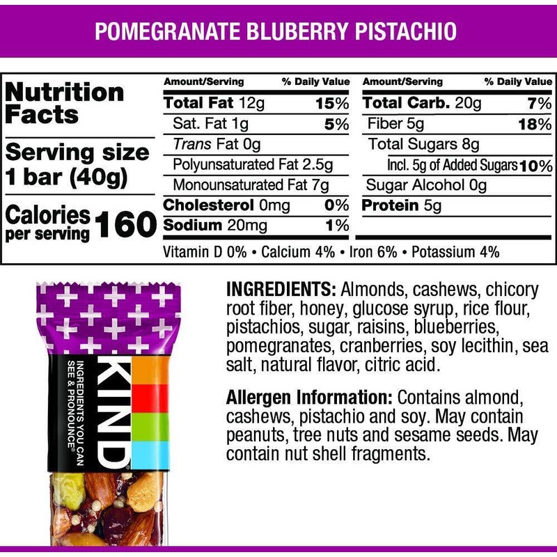 KIND Bars, Pomegranate Blueberry Pistashio + Antioxidants, Gluten Free, Low