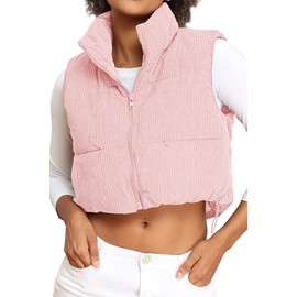 ELLEVEN Corduroy Cropped Puffer Vest for Women High Stand Collar Puffer Vest Women Warm Lightweight Vests Outerwear whit Pockets Light Pink Large