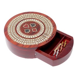 House of Cribbage - Round Shape 3 Track Non-Continuous Cribbage Board - Push Drawer Storage for Pegs and 1 Deck of Cards with Score Marking Fields for Won Games (Bloodwood/Maple Wood)