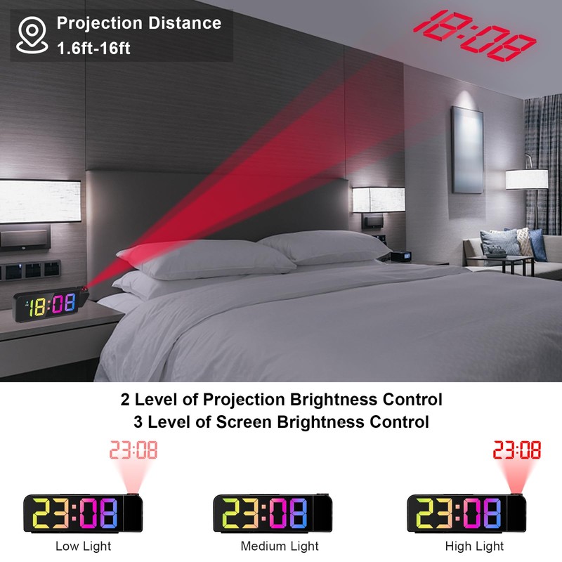 GuDoQi Projection Alarm Clock, Colorful LED Clock for Bedroom, Digital