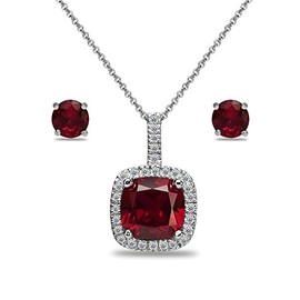 GemStar USA Sterling Silver Synthetic Ruby and White Topaz Cushion-Cut Pendant Necklace & Stud Earrings Set