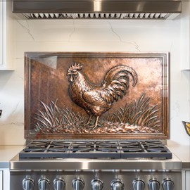 fzxwyishu Tempered Glass Backsplash for Kitchen,Stove Splashback Protector Metal copper plate rooster Design | Heat-Resistant Splash Board, Kitchen Wall Decoration