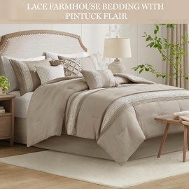 Madison Park King Comforter Set, Farmhouse King Comforter, Lace & Pintuck Design, Down Alternative, All Season Bedding Set, Bed Skirt, Shams & Decor Pillows, Lacey, King, Taupe 7 Piece