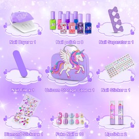 Kids Nail Polish Set for Girls, Washable Quick Dry Nail Art Kit with Nail Dryer & Cosmetic Case, Kids Nail Kit for Girls Christmas Birthday Gifts Toys for 3 4 5 6 7 8 9 10 11 12 Year Old-Purple