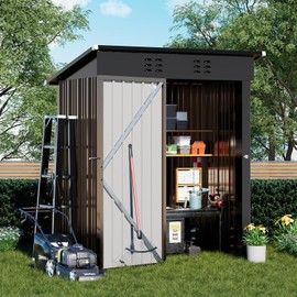 COMHOMA Shed Outdoor Storage Shed Metal,Lockable Doors Tool Sheds with Sloping Roof,Steel Garden Shed with Air Vent for Backyard,Patio,Lawn,Poolside (Brown, 5x3)