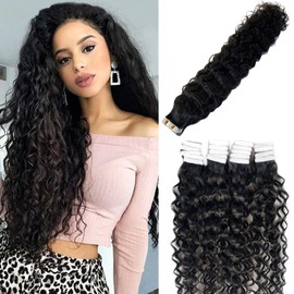 Curly Tape ins Human Hair Extensions Water Wave Remy Hair Tape in Extensions Invisible Double Sided Skin Weft 20pieces 50gram Seamless Natural Black Wavy Tape for Hair Extensions 14 Inch