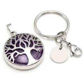 GEHECRST Tree of Life Keyring Natural Gemstone Pendant Chakra Healing Stones Lucky Charm Keychain Energy Therapy Healing Decoration, amethyst