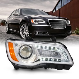 AKKON - Fits 2011-2014 Chrysler 300 Sedan Models LED Light Bar [Halogen Type] Projector Chrome Bezel Headlight Passenger Right