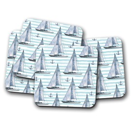4 Set - Sailing Boat Pattern Coaster - Ship Nautical Anchor Blue Fun #12441