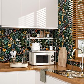 Fvlow Floral Wallpaper Peel and Stick Dark Green Floral Wall Paper Flower Botanical Wallpaper Colorful Contact Paper Vintage Removable Self-Adhesive Wall Covering 394” x 17.4” for Desk Cabinet Decor